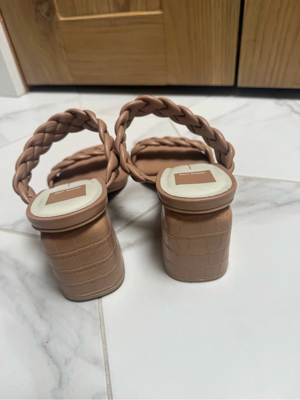 Dolce Vita Braided Double-Strap Mid Block Heels — Taupe